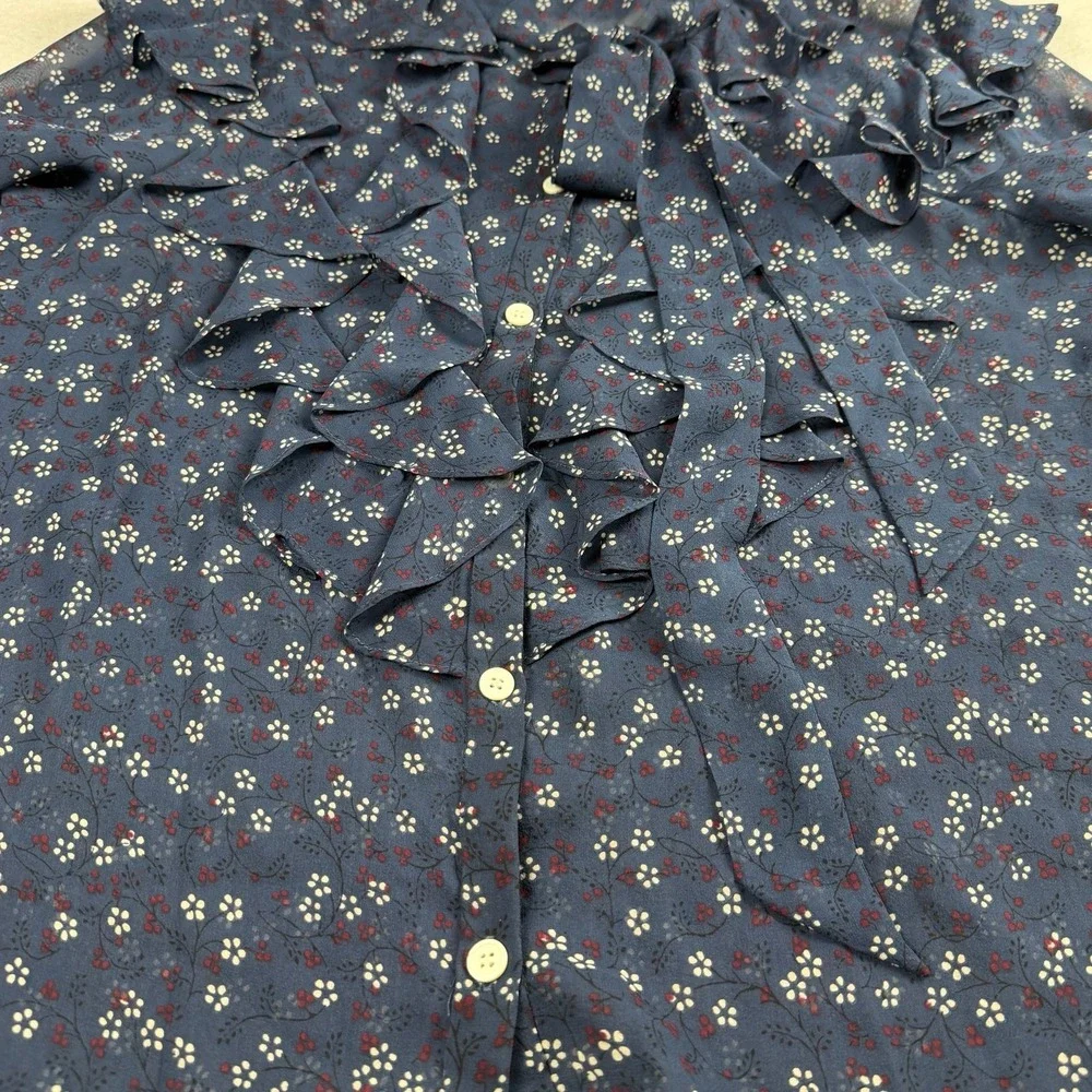 Veronica Beard Women's Finley Ruffled Tie Neck Floral Printed Blouse Navy Sz 10 - Picture 9 of 10